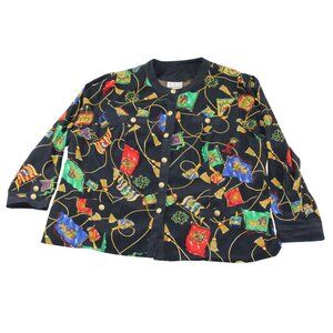 Schneberger Blouse Plus Sz Womens US 24 Royal Crest Pattern Button Front